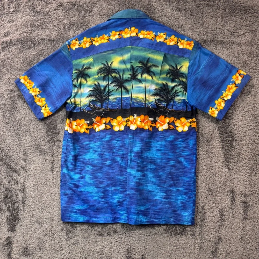Winnie Fashion Mens L Hawaiian Shirt Blue Palm Tree Hibiscus Sunset Made Hawaii